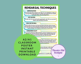May include: A classroom poster with rehearsal techniques, including improvisation and hot seating. The poster has a green circle with text that says "A2/A1 Classroom Poster Instant Printable Download". The poster is on a teal background.