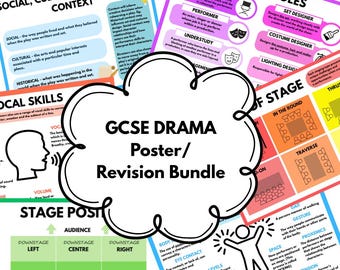 May include: A collection of colorful GCSE Drama posters and revision materials. The posters cover topics like stage roles, vocal skills, and stage positions. The central poster features the text "GCSE DRAMA Poster/ Revision Bundle" in a cloud-shaped design.