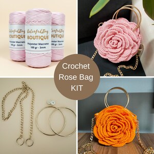 May include: A crochet rose bag kit featuring three spools of light pink 3mm polyester macrame cord, two gold-tone metal ring handles, a gold chain strap, and magnetic closures, alongside finished rose-shaped bags in pink and orange.