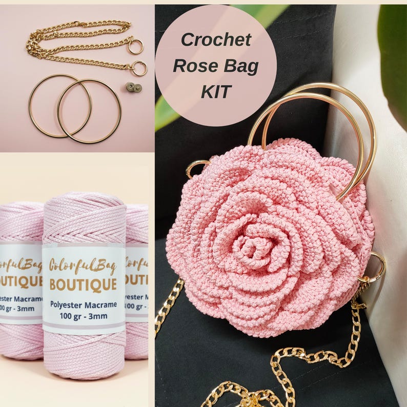 May include: A Crochet Rose Bag KIT featuring three spools of 100g 3mm light pink polyester macrame cord, two gold metal circular handles, a gold chain strap, and a finished light pink crocheted rose-shaped bag with gold metal handles.