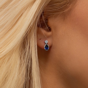 14K Sapphire & Drop Diamonds Stud Earring / Small Sapphire Stud Earrings Diamond / Gemstone Earrings / September Birthstone / Blue Gemstone