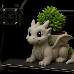 Puede incluir: Una maceta gris con forma de dragón que contiene una planta suculenta verde. El dragón tiene ojos grandes, cuernos y alas. El texto "Digitaler Download" se muestra con un icono de descarga.