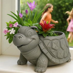 Può includere: Un vaso grigio a forma di ippopotamo-tartaruga sorridente pieno di fiori colorati. Il vaso ha un design strutturato e dettagliato ed è posto su un davanzale. Bambini che giocano sullo sfondo.