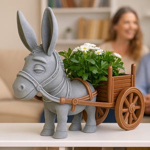 Puede incluir: Una maceta de burro gris con un carro de madera marrón lleno de plantas verdes y flores blancas. El burro tiene orejas grandes y lleva un arnés. La maceta está sobre una mesa blanca.