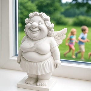 May include: A white, smiling angel statue with wings, standing on a white base. The statue is in front of a window with children running in the background. A small bouquet of flowers sits on the windowsill.
