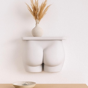 Può includere: Una mensola bianca a parete a forma di fondoschiena, con un piccolo vaso contenente erbe secche. Un comò in legno con una piccola ciotola sottostante. Una porta bianca con maniglia nera a destra.