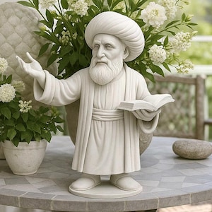 Può includere: Statua bianca di un uomo con turbante e barba, che tiene un libro e gesticola. La statua è su un tavolo rotondo con piano a mosaico, circondata da fiori bianchi in vasi e vasi. La scena è ambientata su un portico.