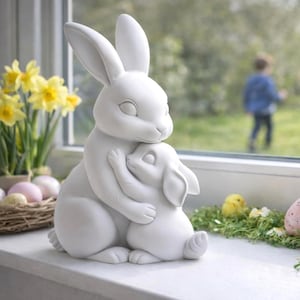 May include: A white ceramic Easter bunny figurine embracing a smaller bunny. The scene includes decorative eggs, chicks, and daffodils, set on a windowsill with a blurred outdoor background. A charming Easter-themed display.