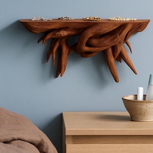 Könnte beinhalten: Ein handgefertigtes Holzregal mit natürlichem, wurzelartigem Design, an einer blauen Wand befestigt. Das Regal zeigt Schmuck und eine kleine Schale mit Schönheitsprodukten. Die Schlafzimmereinrichtung umfasst einen Nachttisch und Bettwäsche.