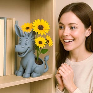 Könnte beinhalten: Ein grauer Esel-Blumentopf mit gelben Sonnenblumen. Der Topf steht auf einem Holzregal neben Büchern. Der Esel hat ein lächelndes Gesicht und große Ohren. Die Sonnenblumen haben dunkelbraune Zentren.