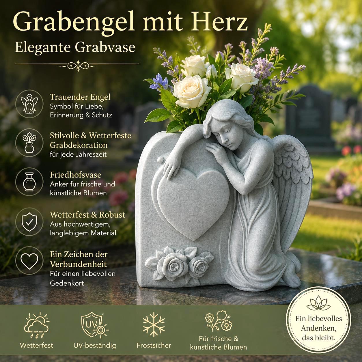 Elegante Grabvase Vase Trauender Engel / Stilvolle und Wetterfeste Grabdekoration Friedhofsvase Anker für frische und künstliche Blumen GR15