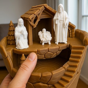 May include: A detailed nativity scene featuring figures of Mary, Joseph, and baby Jesus, crafted in white. The scene is set within a brown, tiered structure with a small shelter and stairs. The figures are set against a neutral background.