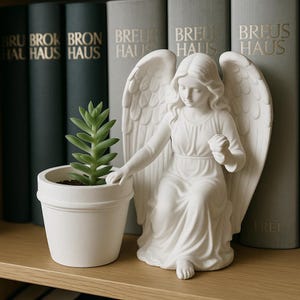 May include: White ceramic angel figurine with wings outstretched, sitting on a shelf with books. A small potted succulent plant is in the foreground.