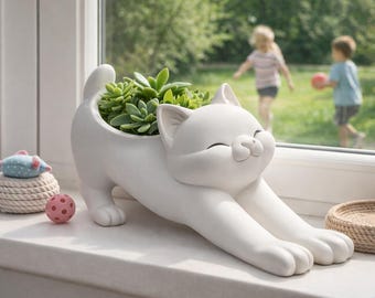 May include: A white ceramic cat planter, filled with green succulents, is on a windowsill. The cat has a smiling face and a curved tail. A small pink ball and a blue toy are nearby. The planter is approximately 30 cm long.