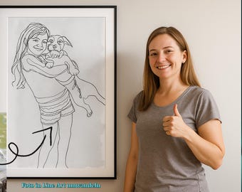 May include: A framed line art drawing of a girl holding a dog, with a photo of the girl and dog in the lower left corner. A woman stands to the right, giving a thumbs up. The text "Foto in line Art umwandeln" is at the bottom.