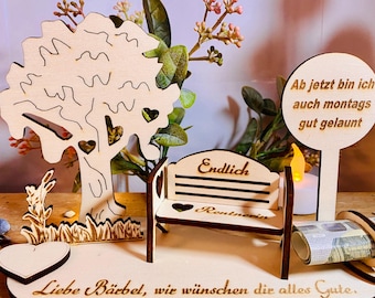 Geschenk zur Rente Rentnerbank Parkbank mit Schild - Geldgeschenk Lebensbaum Ruhestand - Holz Eigener Text Lasergraviert Endlich Rentner A25