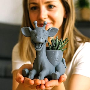 May include: A grey giraffe-shaped planter with a smiling face, holding a small succulent plant. The planter has a whimsical design, with large ears and a long neck. It is designed to hold small plants and is suitable for any room.