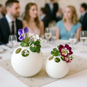 Könnte beinhalten: Zwei weiße, kugelförmige Keramikvasen mit mehreren Öffnungen, die jeweils frische Blumen enthalten. Eine Vase zeigt lila und weiße Stiefmütterchen, die andere eine tiefrote und gelbe Blume. Die Vasen stehen auf einem Tisch mit Gästen im Hintergrund.