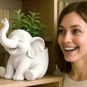 May include: A white ceramic elephant planter with a smiling face, holding green plants. The elephant has large ears and a raised trunk. The planter is sitting on a wooden shelf.