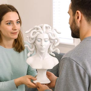 Könnte beinhalten: Eine weiße Büste der Medusa mit schlangenartigem Haar, einem ruhigen Ausdruck und geschlossenen Augen. Die Skulptur steht auf einem Sockel. Die Büste wird von zwei Personen gehalten.