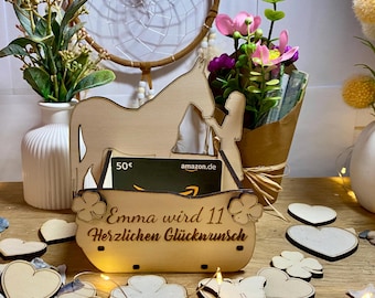 Girl and horse, horse love, horse farm, riding, wooden, with gift box, money gift, gift certificate, birthday present. A98