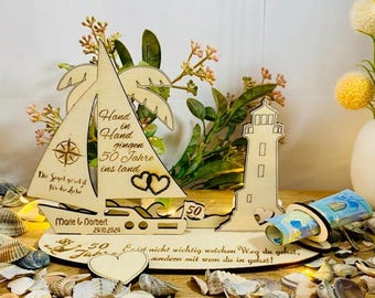 Golden Wedding Anniversary, 50th Anniversary, Personalized Ship, Lighthouse, Palm Tree Stand, Money Gift, Wood, Custom Text, Handmade, A11