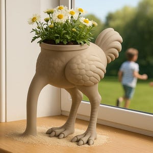 Könnte beinhalten: Ein skurriler, beigefarbener Pflanztopf in Form eines Vogels, gefüllt mit Gänseblümchen. Der Pflanztopf hat ein detailliertes Federdesign und Vogelfüße. Er steht auf einer Holzoberfläche in der Nähe eines Fensters, mit spielenden Kindern im Hintergrund.