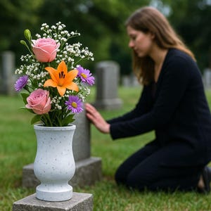Pode incluir: Um vaso branco salpicado com um arranjo floral de rosas cor-de-rosa, lírios laranja, margaridas roxas e gipsofila branca. O vaso está sobre uma base de pedra num cemitério.