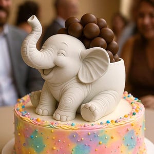 Op de afbeelding: Een vrolijke taart met een lachend wit olifantenbeeldje met een tros bruine chocoladeballen. De taart heeft een kleurrijke, pastelkleurige frosting met hagelslag en is waarschijnlijk voor een feest.
