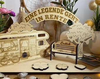 Geschenk zur Rente - Eine Legend geht in Rente - Geldgeschenk Gutscheinhalter - Großer Aufsteller - Rentnerbank Wohnmobil Baum Deko - A10