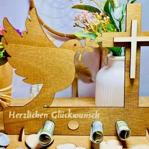 Doop Geboorte Communie Bevestiging Geld Cadeau Hout - Creatief met Duif en Kruis 2-kleurige cadeaubonkaart met personalisatie
