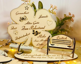 Lucky cloverleaf, retirement gift, pension, cash gift, voucher, park bench, pensioner, pensioner (female), A09 cloverleaf, inscribed, personalized