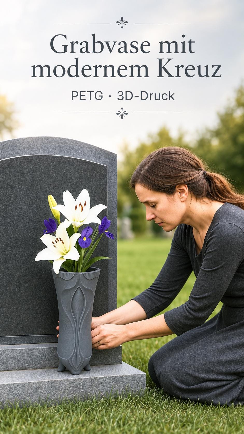 Modernes Kreuz Grabvase Friedhof Vase - Wetterfeste Friedhofsvase & Erdspieß - Grab Dekoration Frische künstliche Blumen - Urnengrab GR33