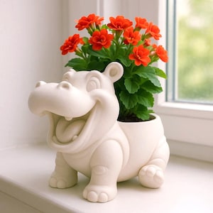 Könnte beinhalten: Ein skurriler, cremefarbener Keramik-Nilpferdpflanztopf mit einem breiten, lächelnden Maul. Der Topf enthält eine lebendige grüne Pflanze mit leuchtend orangefarbenen Blüten. Das Nilpferd steht auf einer weißen Fensterbank.