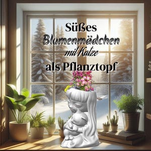 May include: White ceramic planter shaped like a girl holding a cat. The planter has flowers in the girl's hair. The text "Süsses Blumenmädchen mit Katze als Pflanztopf" is written above the planter.