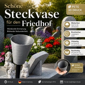 Könnte beinhalten: Eine graue, kegelförmige 3D-gedruckte PETG-Steckvase mit gerippter Oberfläche auf einem schwarzen Erdspieß. Das Bild enthält den Text 'Schöne Steckvase für den Friedhof' sowie Symbole, die Wetterfestigkeit, Bruchfestigkeit und die Eignung für frische oder künstliche Blumen hervorheben.