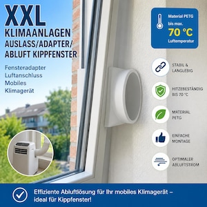 Könnte beinhalten: Weißer Klimaanlagen-Abluftadapter für Dreh-Kipp-Fenster. Das Bild zeigt den Adapter in einem Fensterrahmen installiert, mit Text, der darauf hinweist, dass er aus PETG-Material besteht und Temperaturen bis zu 70°C standhält. Der Text erwähnt auch eine einfache Installation und einen optimalen Luftstrom.