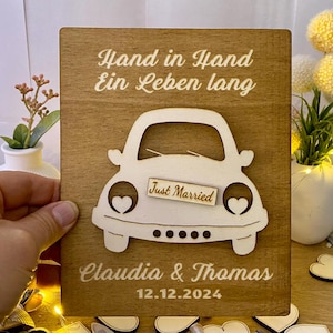 Huwelijkscadeau geld cadeaubon voucher kaart - gemaakt van hout - autokever bruid en bruidegom, cadeau voor de bruiloft