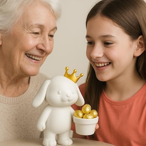 Puede incluir: Una figurita de perro de cerámica blanca con una corona dorada sostiene una pequeña maceta blanca llena de huevos de chocolate envueltos en papel dorado. Una mujer mayor y una niña sonríen y miran la figurita.