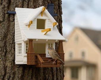 May include: A white and brown birdhouse with a small bird perched on the porch. The birdhouse is attached to a tree trunk and has a white roof, brown columns, and a small chimney. The birdhouse is designed to resemble a small house.
