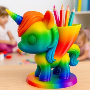 May include: A colorful unicorn pencil holder with a rainbow mane, horn, and base. The pencil holder is filled with colored pencils. The unicorn is on a wooden surface, with children and toys in the background.
