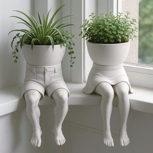 Puede incluir: Dos macetas de cerámica blanca con forma de personas, una con pantalones cortos y la otra con falda, con plantas verdes que crecen en la parte superior.