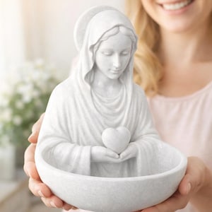 Elegante weiße Madonna Statue | Maria Figur mit Herz & Schale Design |Christliche Heimdeko - Religiöse Kunst im Art Deco Stil 3D Druck MA2