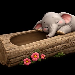 May include: A whimsical planter shaped like a log, with a sleeping baby elephant resting on top. The planter is brown with carved details and pink flowers. The elephant is gray with pink ears and cheeks.