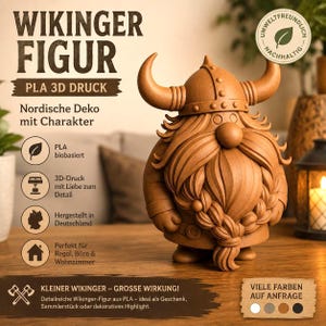 May include: A brown 3D-printed PLA Viking figurine featuring a horned helmet, a large rounded nose, and a thick braided beard. The figure is displayed alongside German text detailing its production, material, and decorative use cases.