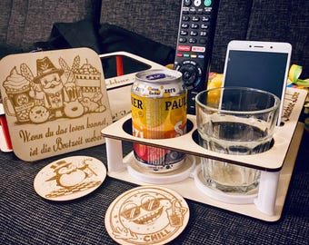 Couchbar - Snackbar Couch Butler Snackbox Sofa Bar Gift Birthday Christmas Wood Plastic Man & Woman Wedding with Coaster A24
