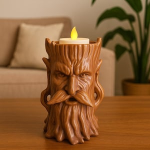 May include: A brown ceramic candle holder shaped like a tree with a face, holding a battery-operated candle with a yellow flame. The candle holder has a detailed, textured surface and a stern expression.
