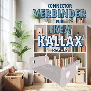 May include: A light gray metal connector for IKEA Kallax shelves. The connector has two circular holes and a rectangular shape with text. The background shows a white bookshelf with books and plants.