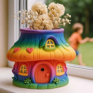 May include: A whimsical, colorful house-shaped planter with a rainbow-hued roof and a door. The planter has heart-shaped accents and small windows. It is filled with dried, cream-colored flowers. The planter sits on a windowsill.