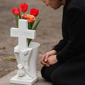 Puede incluir: Un jarrón blanco en forma de cruz, con la inscripción "IN LIEBE", contiene tulipanes rojos y rosas naranjas. El jarrón tiene un diseño floral y está sobre una superficie de piedra.